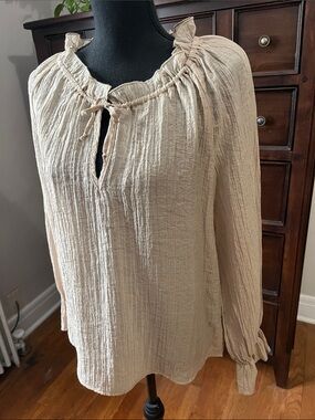 Martha Stewart Cream Textured Peasant Blouse with Tie Neck